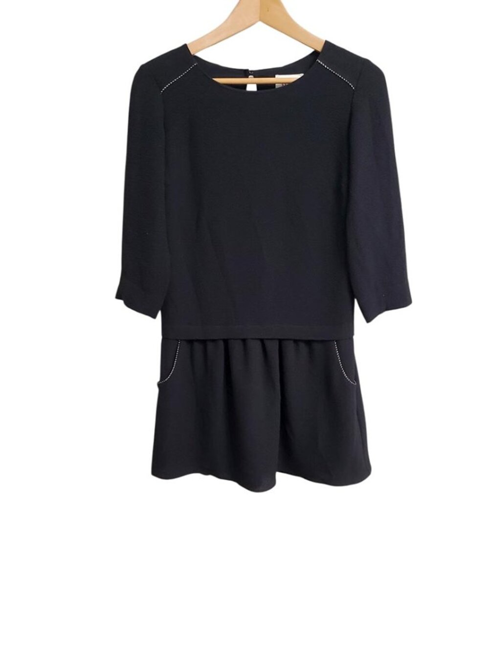 Sezane Womens Anna Mini Dress Black Size 34 US 2 Drop Waist Pockets 3/4 Sleeves - Picture 3 of 14
